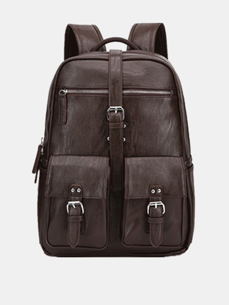 Men Vintage PU Leather 14 Inch Laptop Bag Multi-pocket Backpack