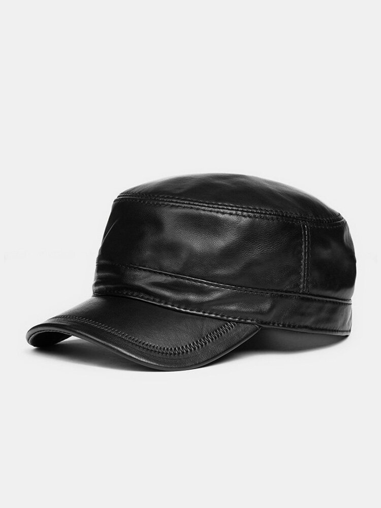 Men Sheepskin Single-layer Soft Leather Solid Color Flat Brim Casual Windproof Warmth Sunshade Military Cap Flat Cap
