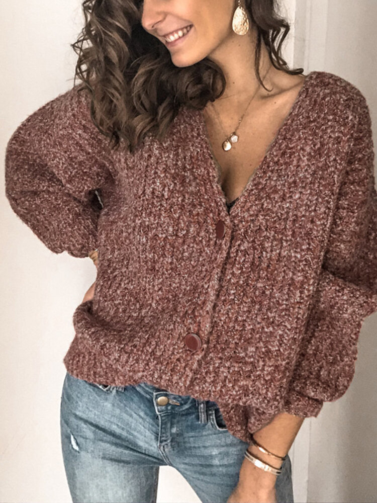 Casual Knit V-neck Long Sleeve Button Cardigan