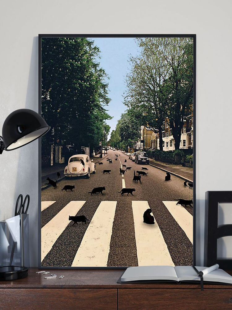 Black Cats on The Road Pattern Canvas Painting Unframed Wall Art Canvas Living Room Home Decor