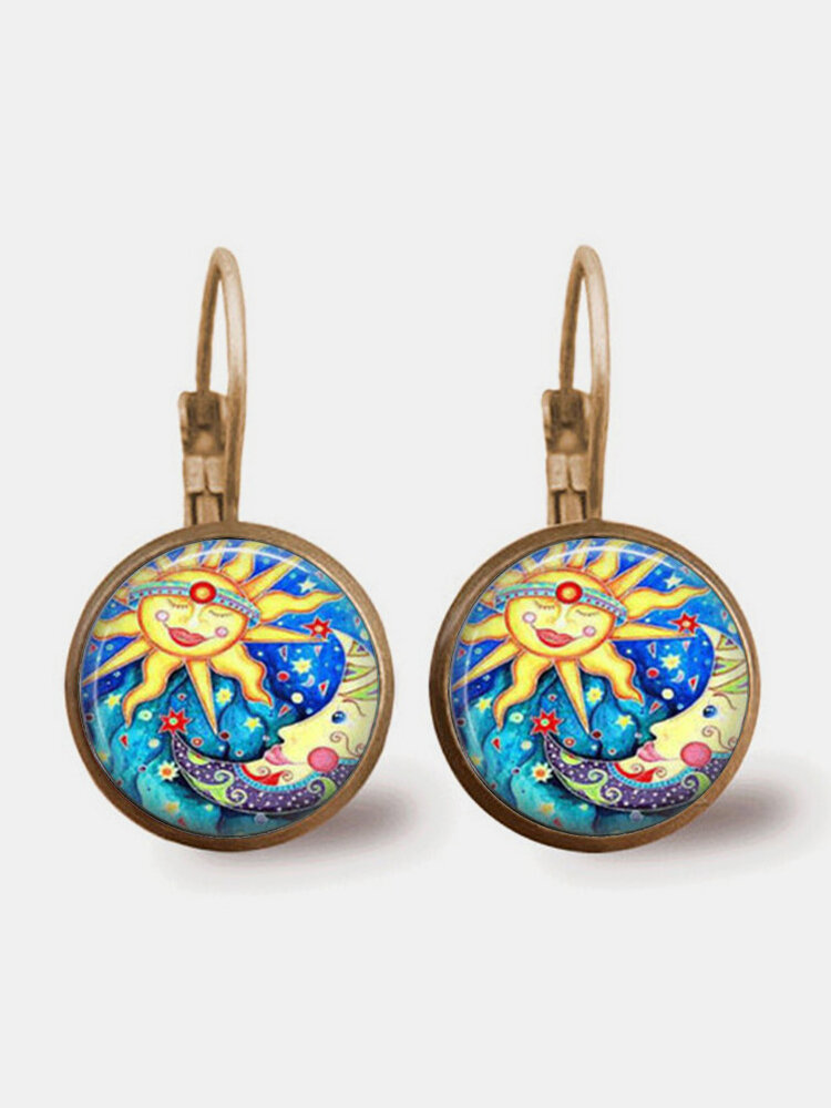 Retro Metal Geometric Sun Moon Gemstone Earrings Metal Round Abstract Sun Printed Glass Ear Clip