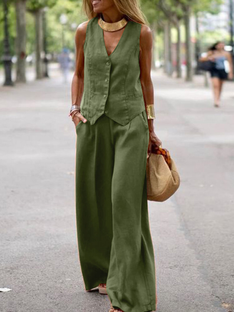 

Women Solid Sleeveless Waistcoat Casual Co-ords With Wide Leg Pants, Army green;khaki;orange