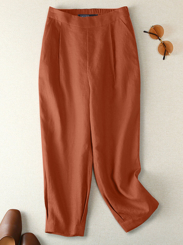 

Women Solid Cotton Elastic Waist Casual Harem Pants, White;orange;black;brown