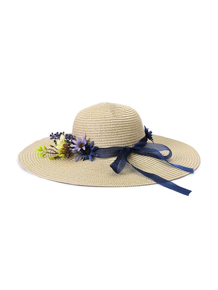 Women Foldable Flower Sunscreen Bucket Straw Hat Outdoor Casual Travel Beach Sea Hat