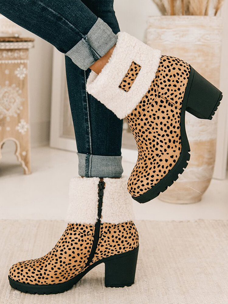 

Large Size Women Casual Side-zip Leopard Suede Comfy Warm Lined Chunky Heel Short Boots, Leopard;black;brown