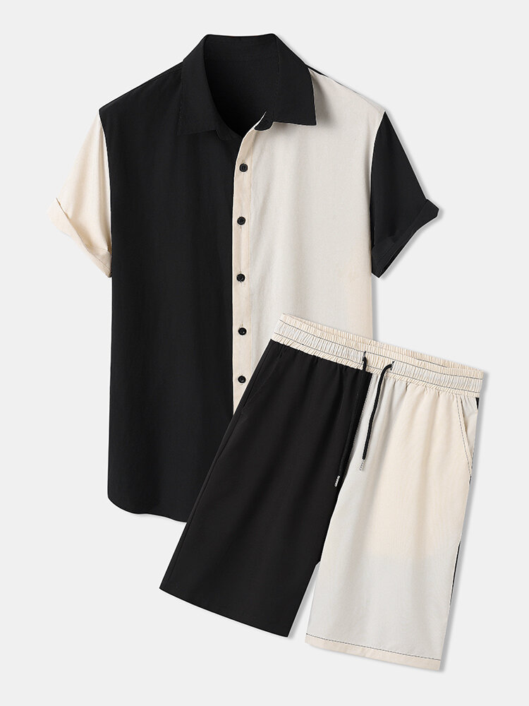 Mens Thin Colorblock Lapel Shirt & Drawstring Shorts Two Piece Outfits
