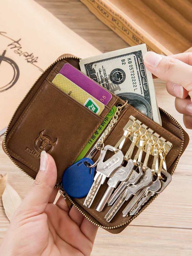 Men Women Vintage Genuine Leather Card Holder Key Bag Key chain Wallet 