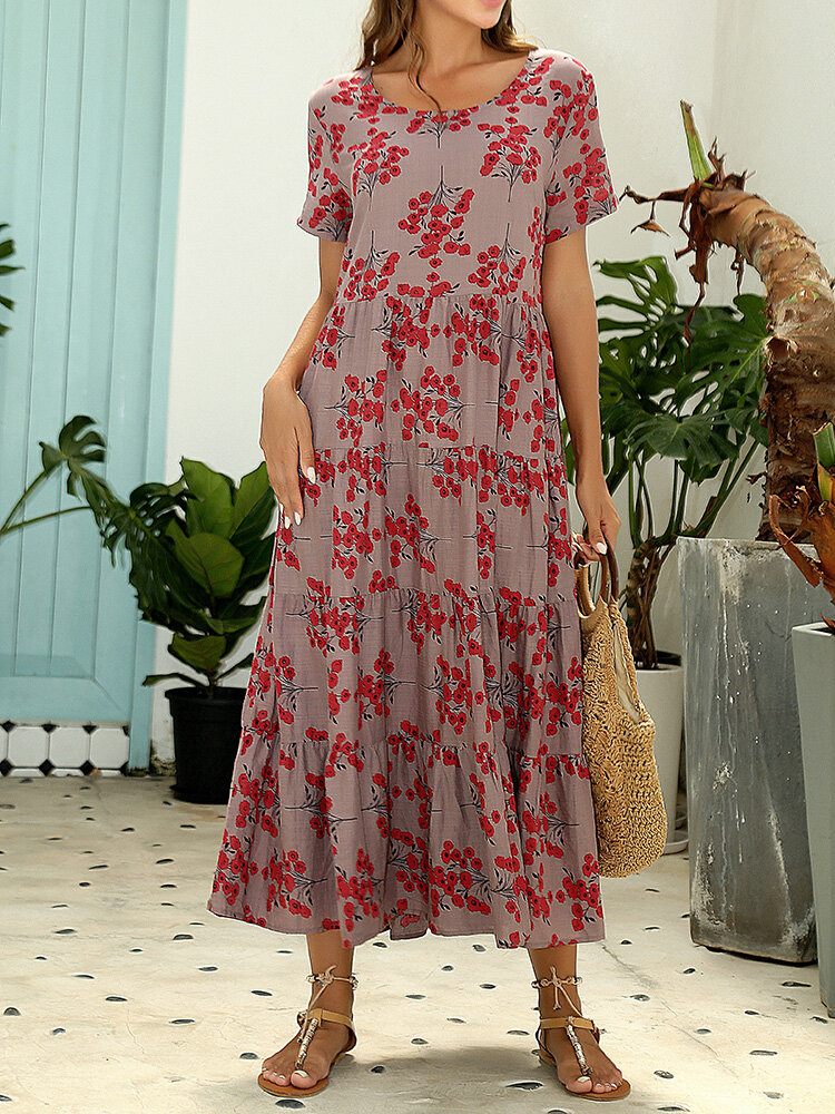 Robe vintage à manches courtes et patchwork à imprimé floral pour femme