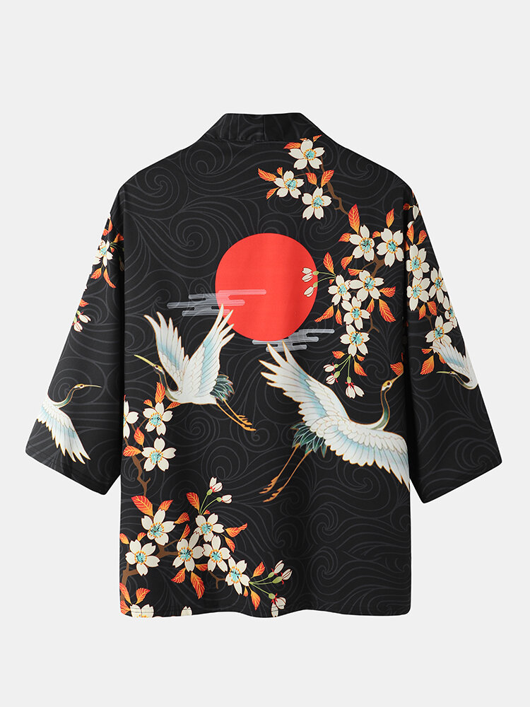 Mens Flower Crane Print Ethnic Style Open Front Black 3/4 Sleeve Kimono