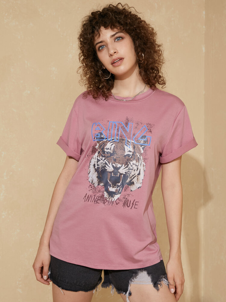 Letter Tiger Graphic Short Sleeve Crew Neck Casual T-shirt