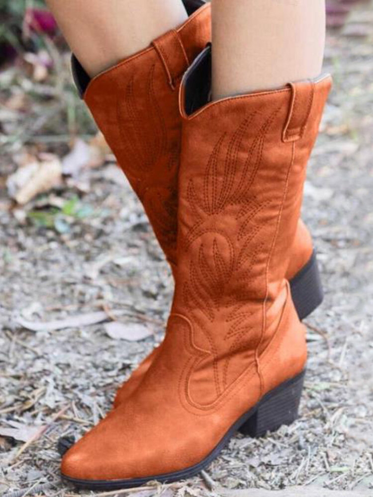 Women's Mid Calf Cowboy Western Pointy Toe Boots Chunky Heels Embroidery Shoes 