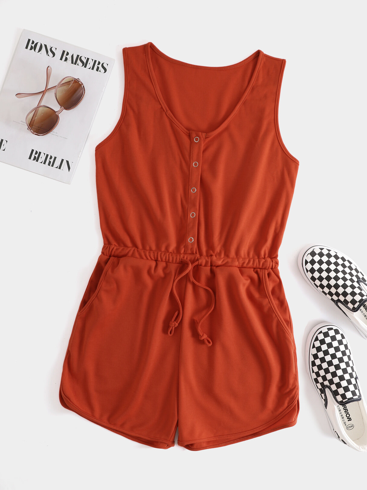 Snap Button Drawstring Front Sleeveless Romper With Pocket