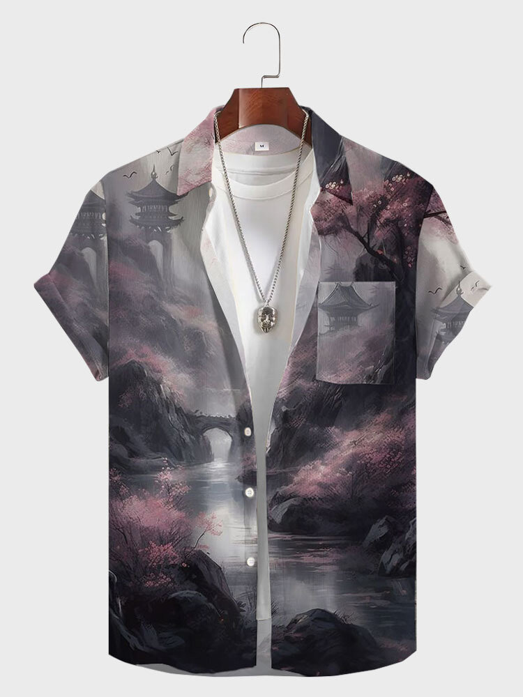 Camisas masculinas allover chinesas com estampa de paisagem com bolso no peito e manga curta