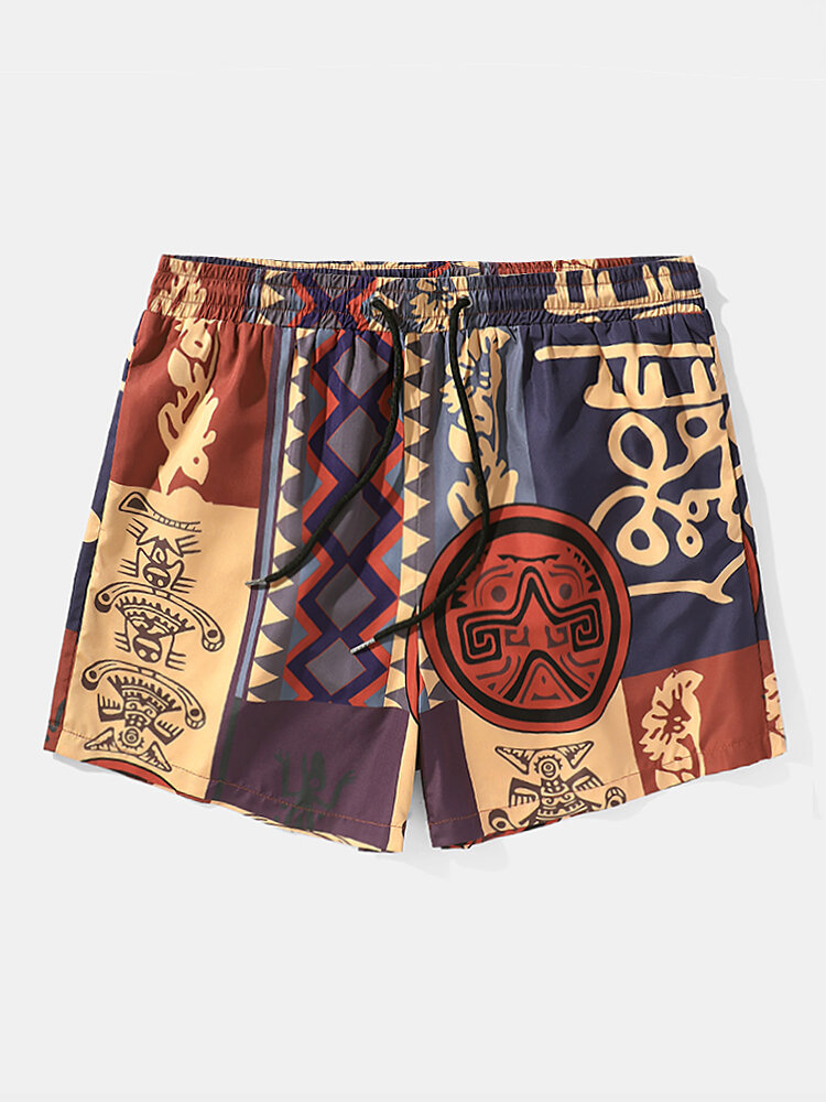 Men Ethnic Print Beachwear Lined Wide Legged Loose Fit Quick Dry Board Shorts