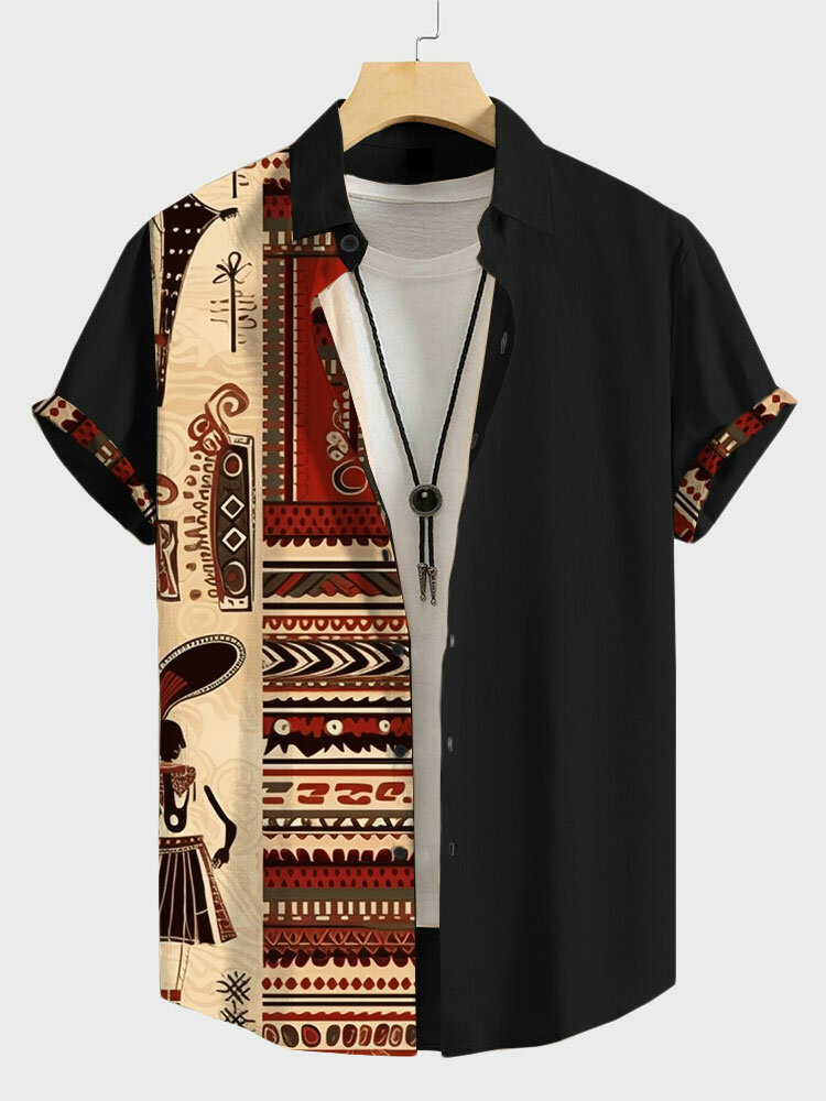 Chemises à manches courtes à revers en patchwork pour hommes avec figure ethnique et imprimé géométrique