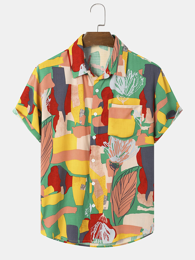 Mens Plants Irregular Color Block Print Casual Short Sleeve Shirts