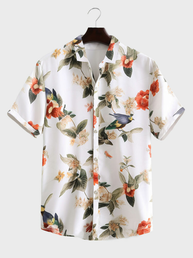Camicie a maniche corte da uomo con stampa floreale di uccelli con risvolto per vacanze hawaiane