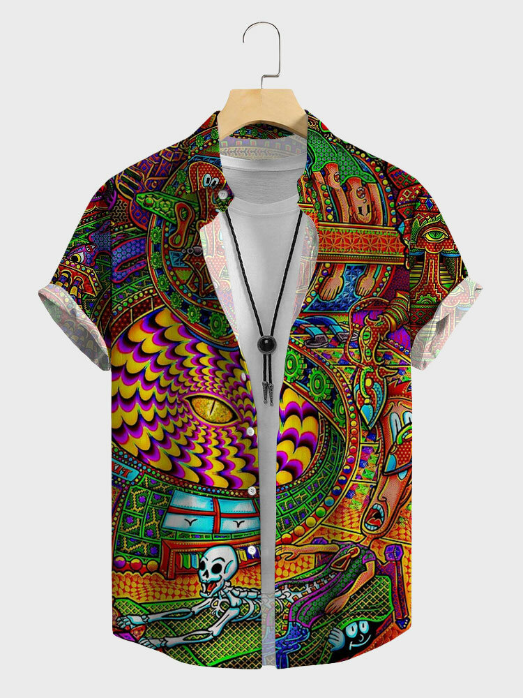 Mens Colorful Circus Skeleton Print Button Up Short Sleeve Shirts Winter