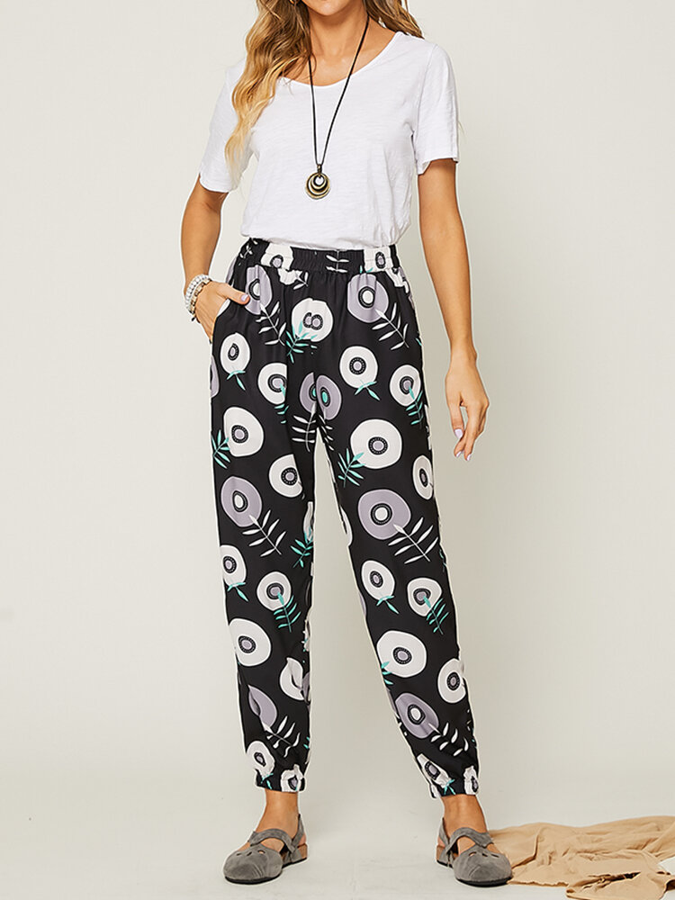 Calico Leaves Pattern Print Elastic Waist Casual Pants for Women