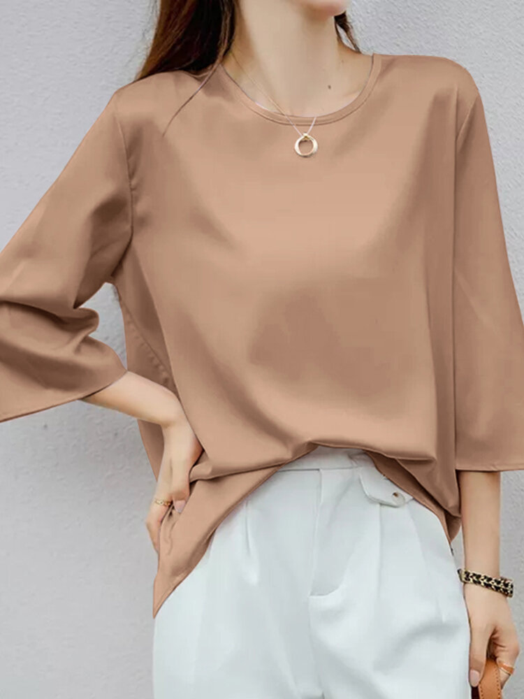 Solid Satin 3/4 Sleeve Crew Neck Casual Blouse