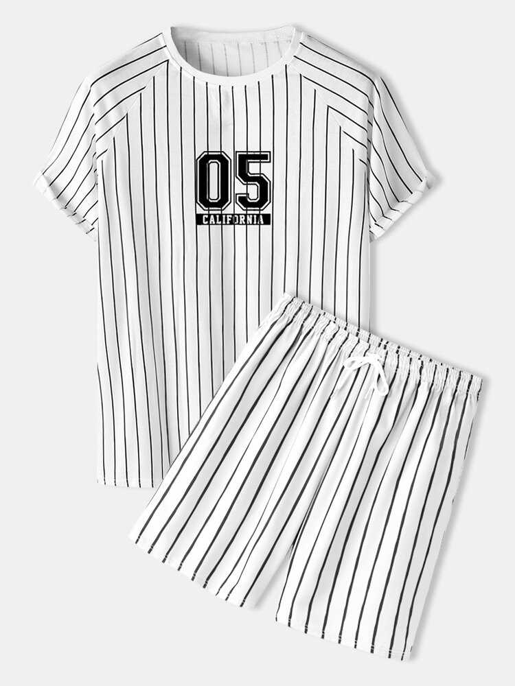 Mens Number Stripe Print Raglan Sleeve Varsity Two Pieces Outfits