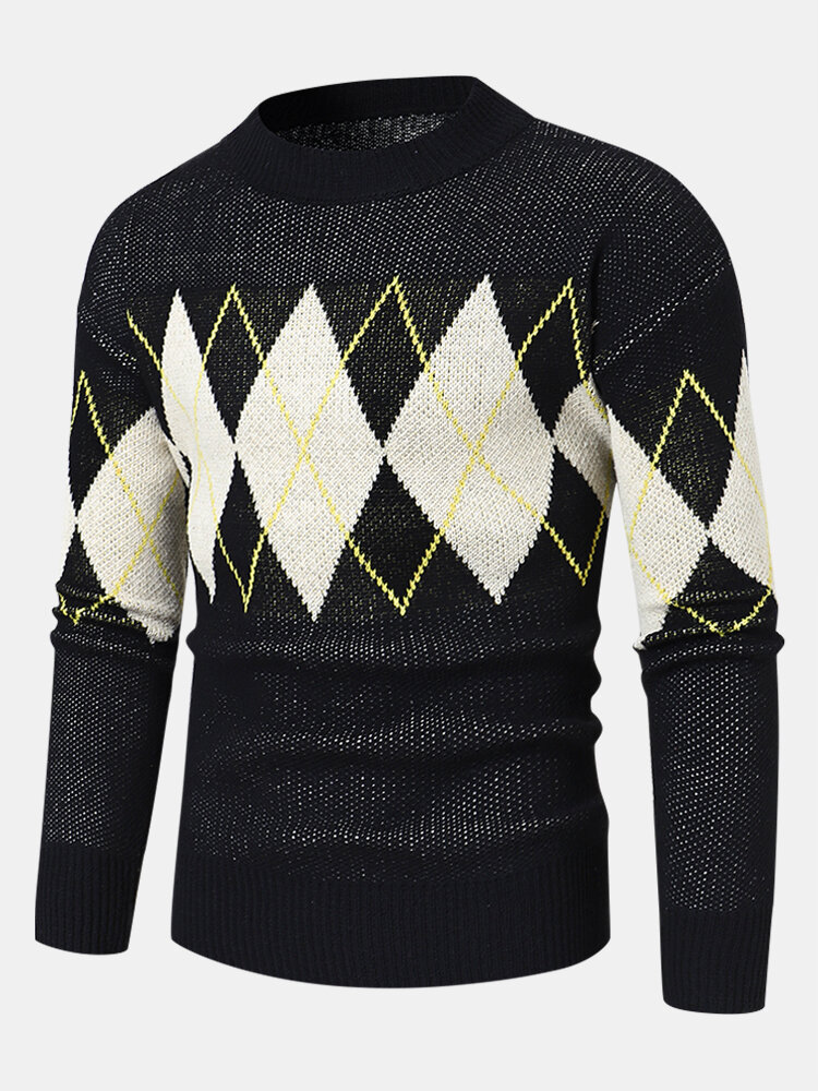 Mens Argyle Pattern Crew Neck Preppy Knitted Pullover Sweaters