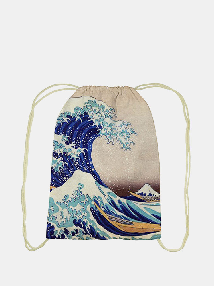 Men Women Sea Wave Pattern Prints String Backpack