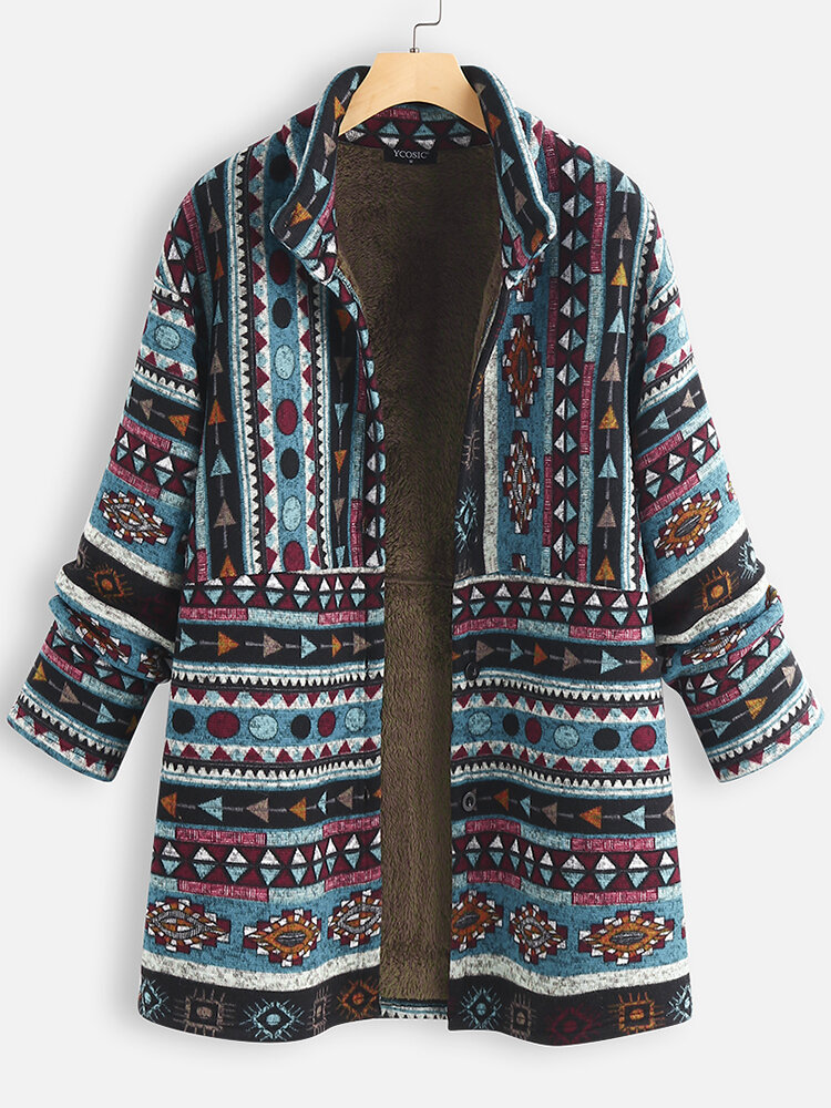 Ethnic Print Long Sleeve Thick Vintage Coat For Women