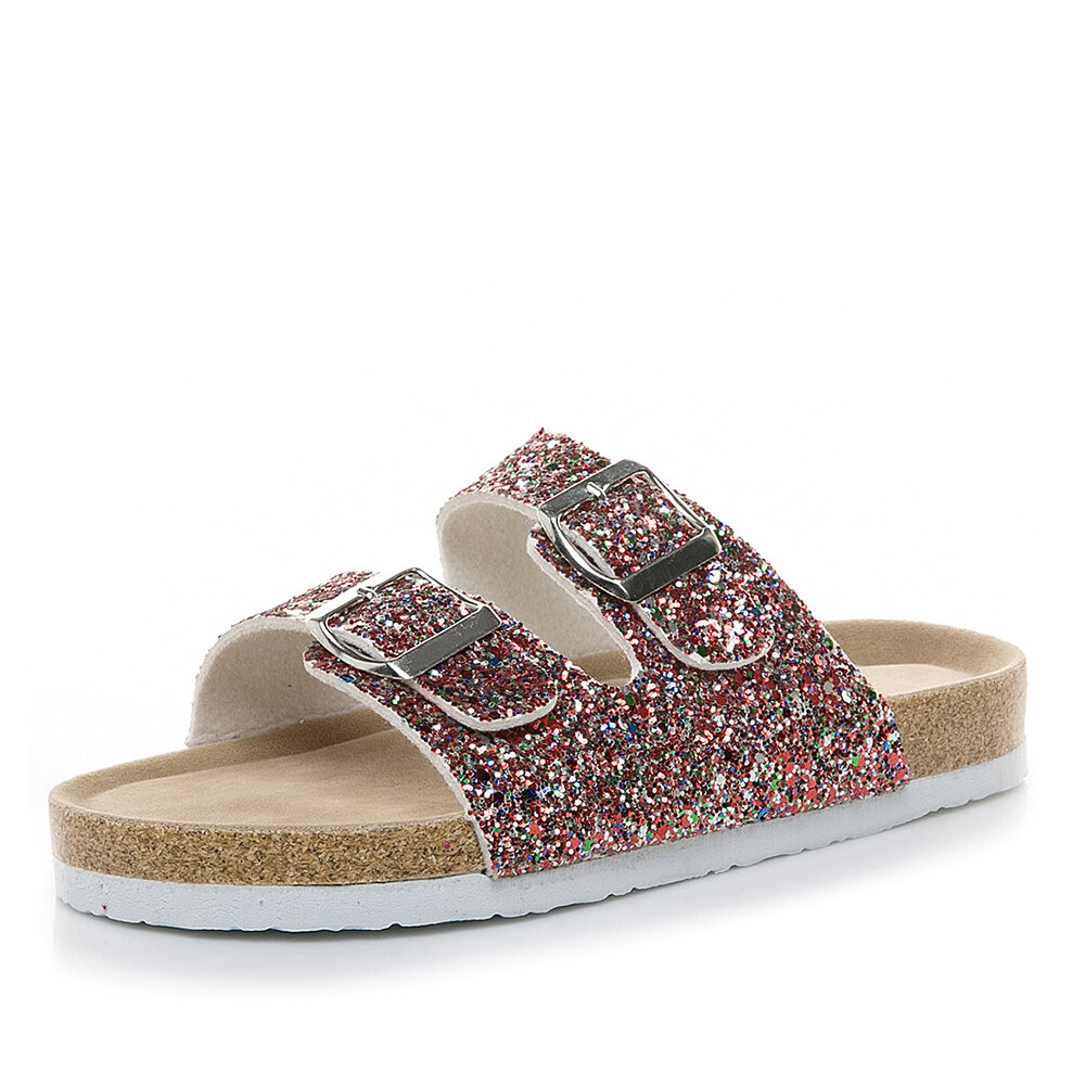 Large Size Casual Bling Sequined Dual Strap Buckle Flat Slippers