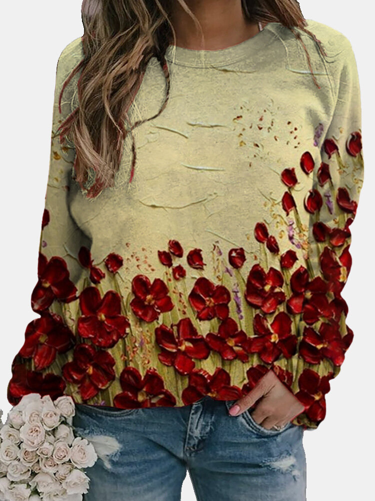 Flower Print Long Sleeve O-neck Sweatshirt For Women