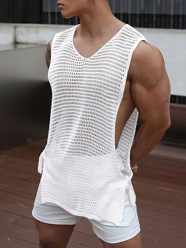Camiseta sin mangas con cuello en V y lazo dividido lateral de rejilla para hombre