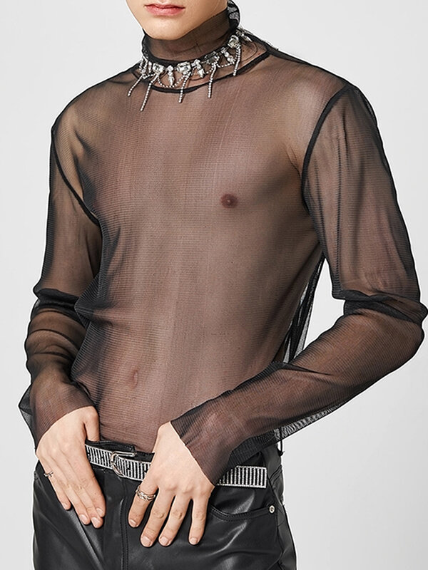 Mens Solid See Through High Neck Long Sleeve T Shirt