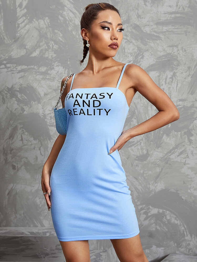 Letters Graphic Backless Off The Shoulder Strap Sexy Dress