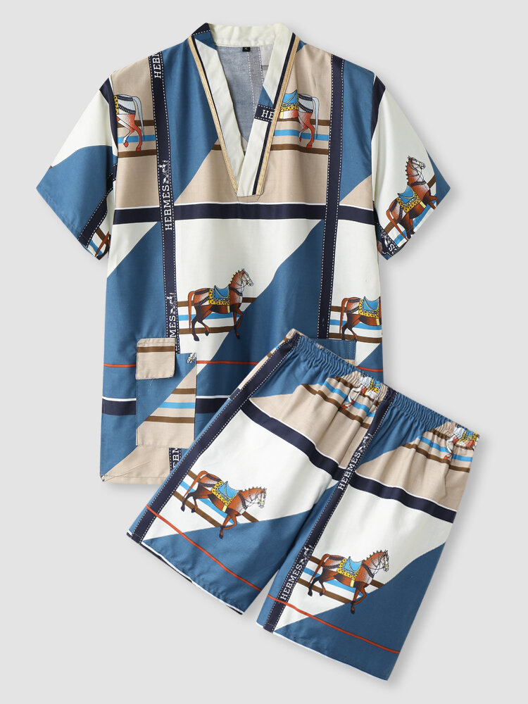 Men Pure Cotton Horse Print Flap Pocket Home Comfy Pajama Sets