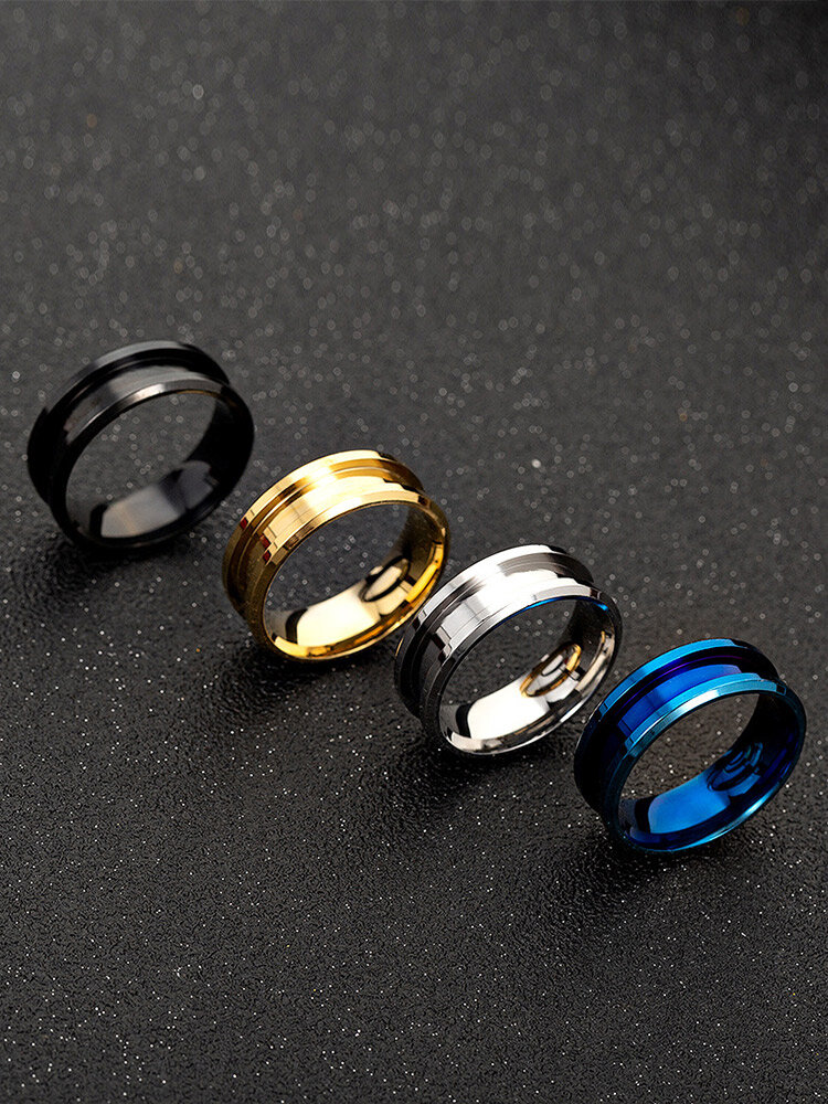 Trendy Simple Solid Color Geometric-shaped Grooved Titanium Steel Ring
