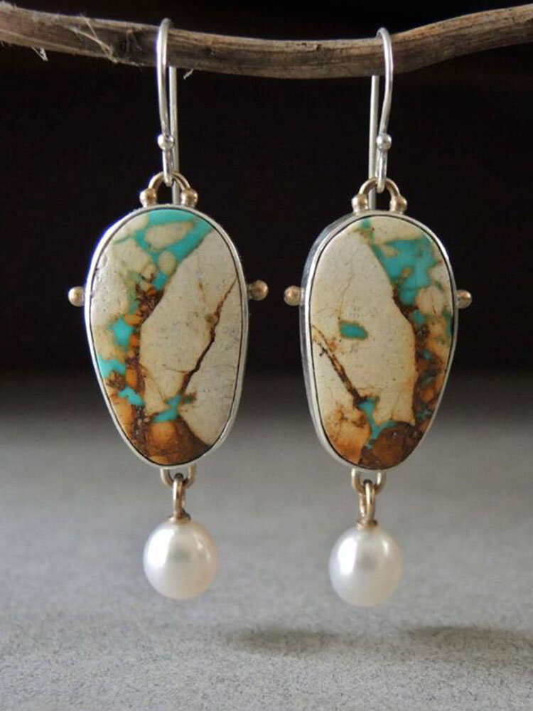 Vintage Alloy Colorful Turquoise Pearl Drop Earrings