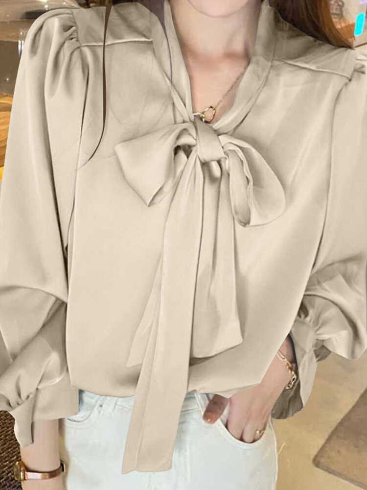 Solid Bowknot Collar Puff Long Sleeve Blouse For Women