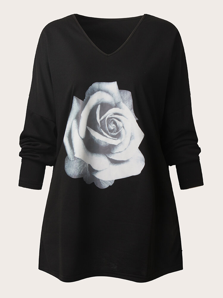 Plus Size Casual Flower Rose Print V-neck Long Sleeve Loose T-shirt