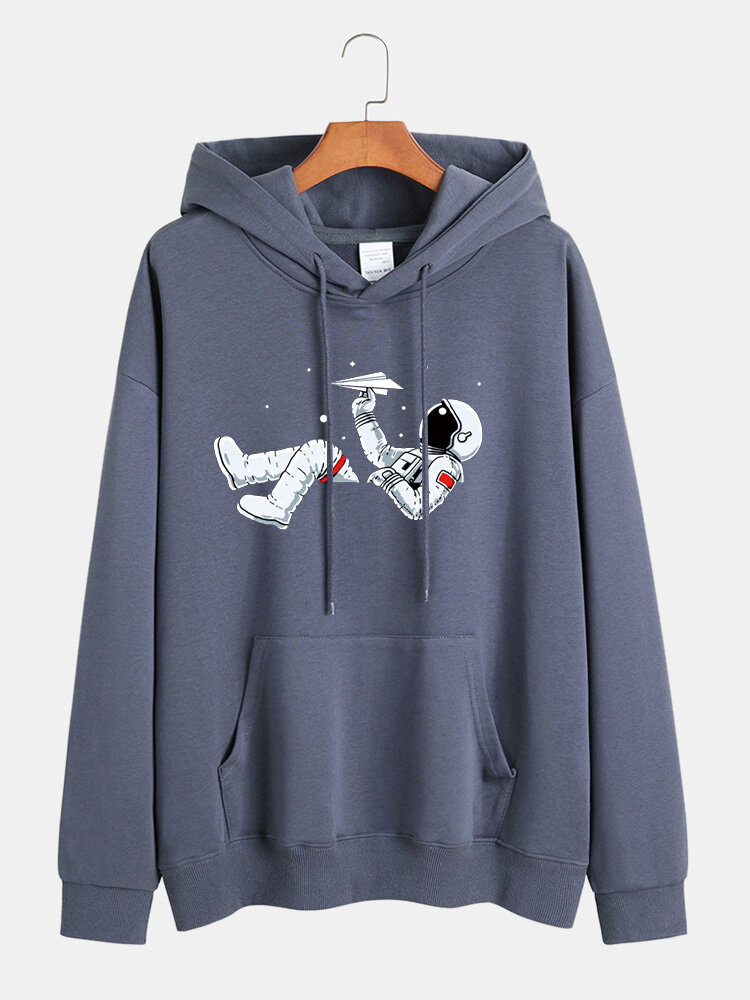 Mens Cotton Cartoon Space Astronaut Print Muff Pocket Casual Loose Pullover Hoodies