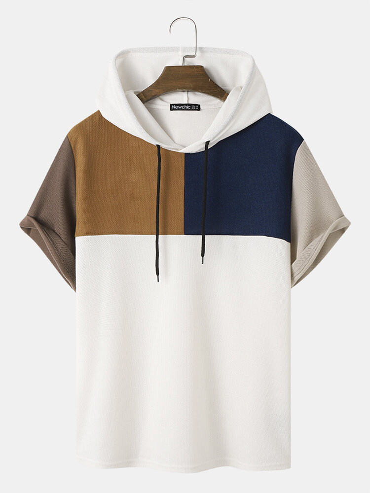 Mens Waffle Knit Color Block Patchwork Loose Short Sleeve Hooded T-Shirts