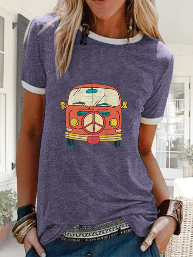 Camiseta informal con cuello redondo y estampado de autobús de dibujos animados