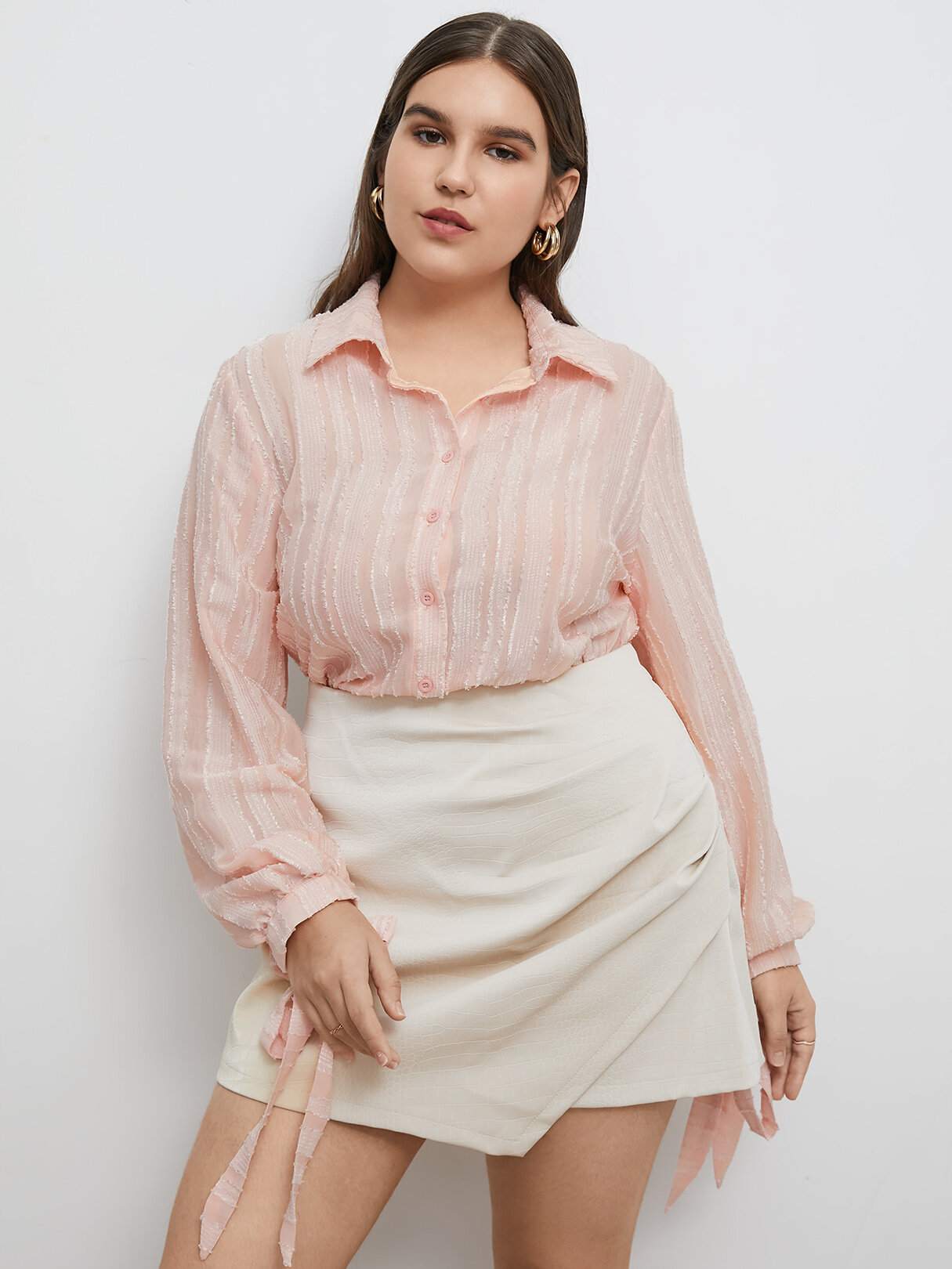 Plus Size Classic Collar Tie-up Design Long Sleeves Shirt