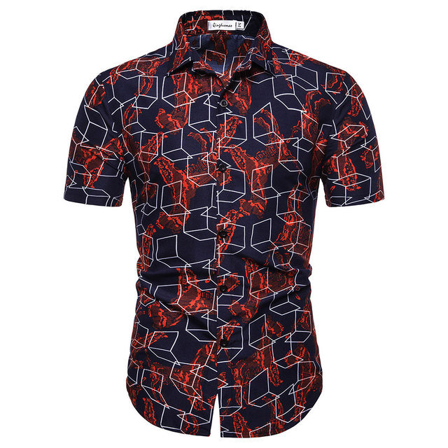 Men's Fashion Casual Geometric Pattern Print Slim Short-sleeved Shirt