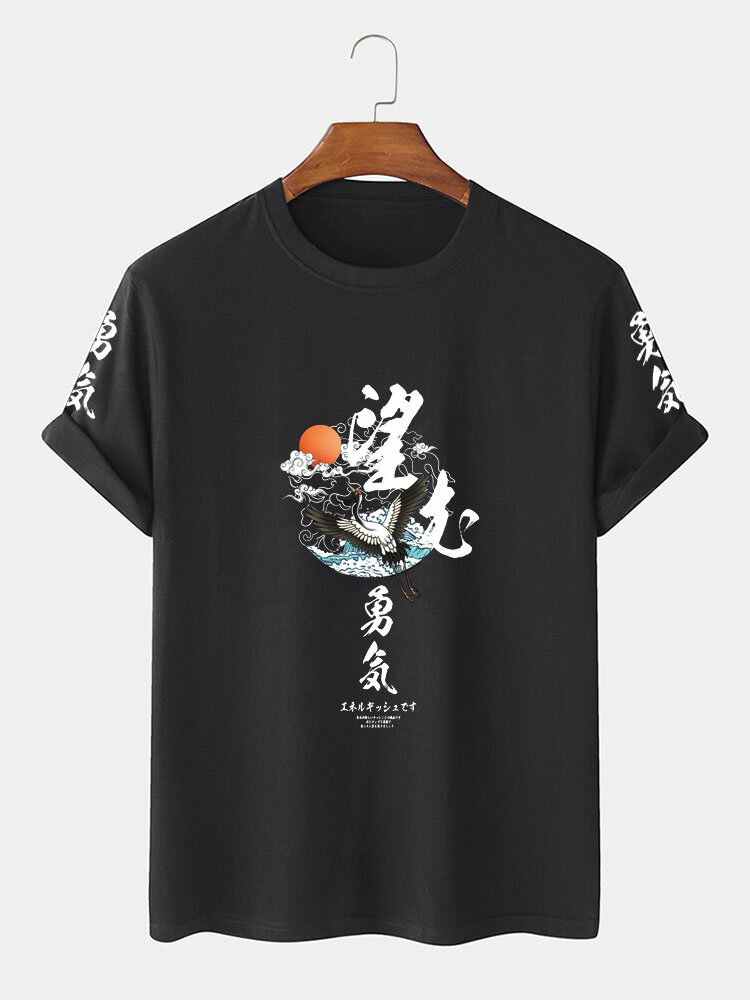 T-shirts à manches courtes imprimés paysage de grue japonaise pour hommes