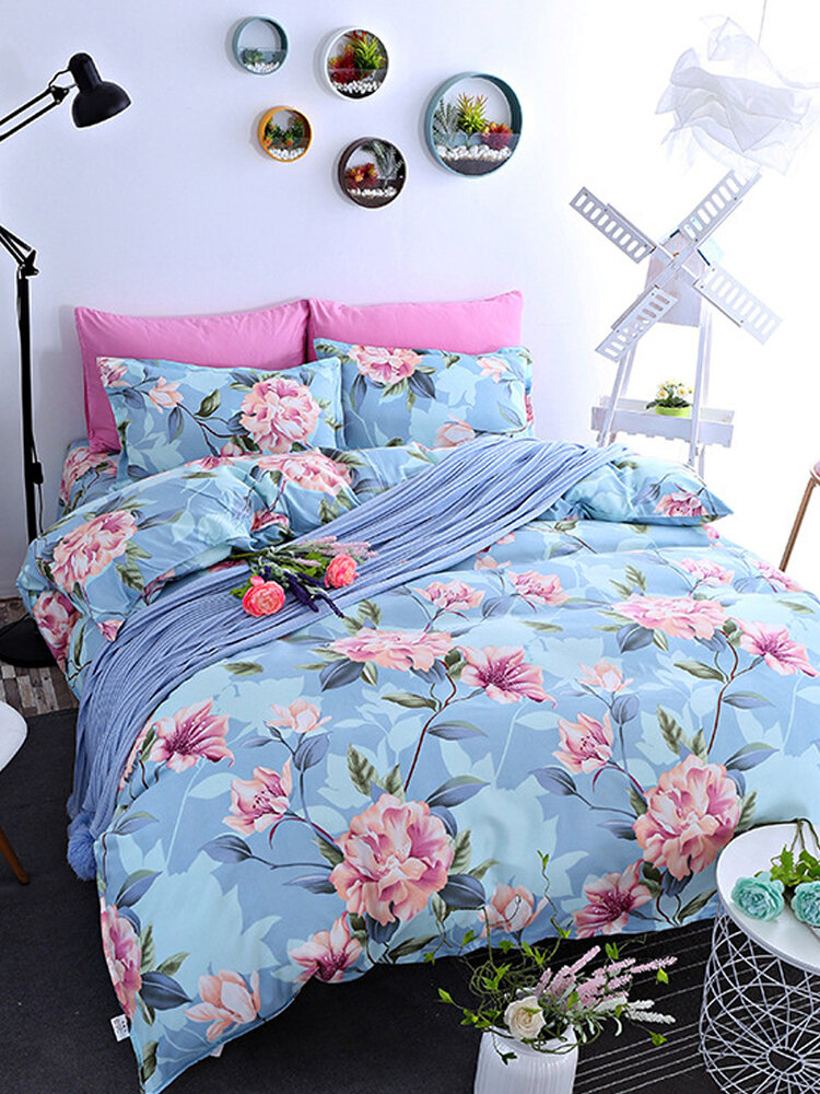 4pcs Bedding Suits Blue Peony Fabric Thicker Bed Sets King Size Sheet Duvet Cover Pillowcases