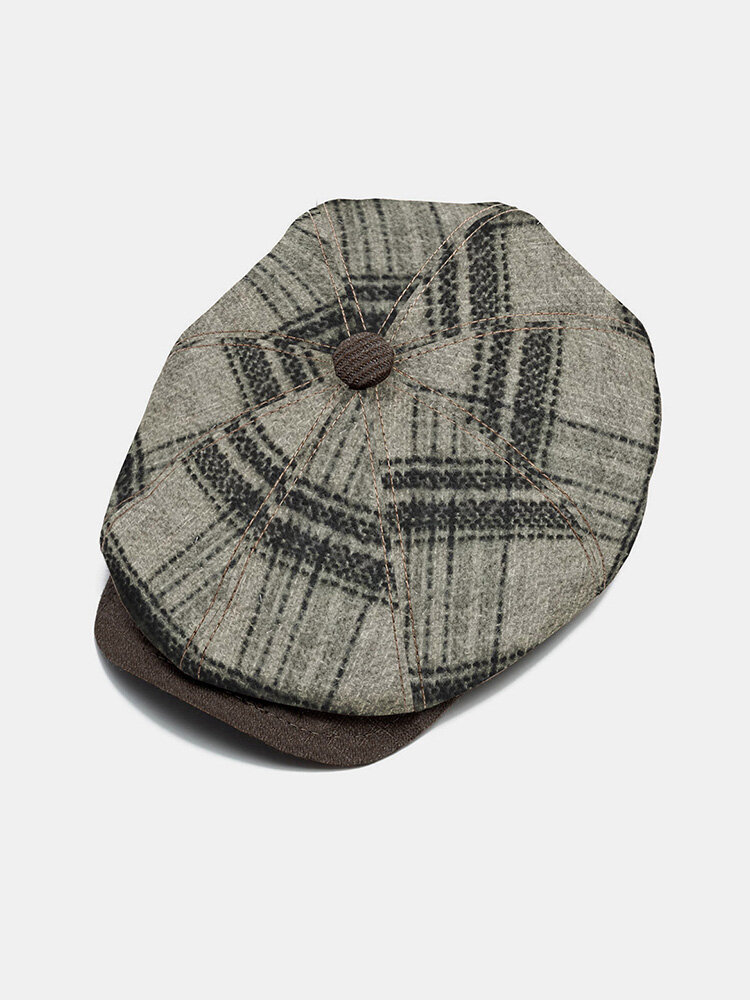 Collrown Men Knitted Horizontal Vertical Stripes Twill Fabric Hat Brim Vintage Warmth Octagonal Hat Flat Cap