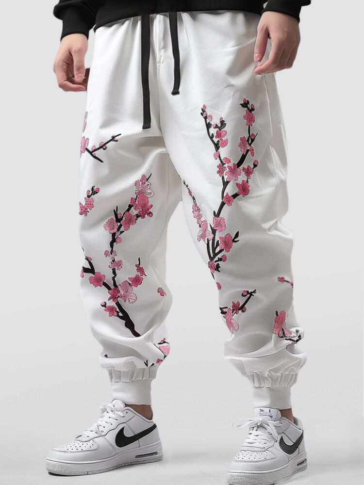

Mens Japanese Cherry Blossom Print Loose Drawstring Waist Pants, White