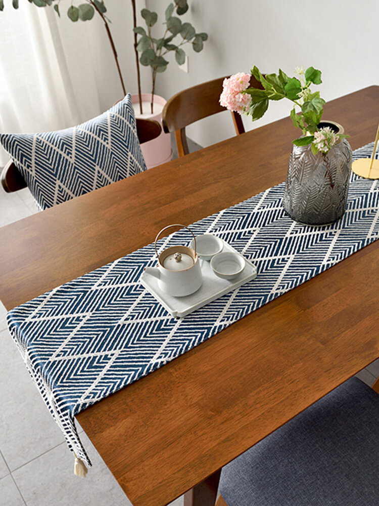 

Triangle Pattern Cotton Table Runner Modern Fashion LongStripes Wave Jacquard Dining Tablecloth Tea Mat Home Decoratio, Navy blue