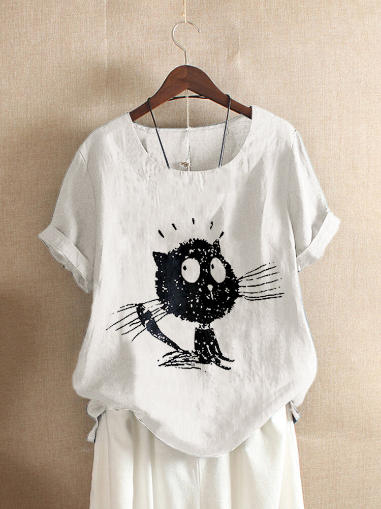 Cartoon Cat Printed O-Neck Casual T-shirt For Women