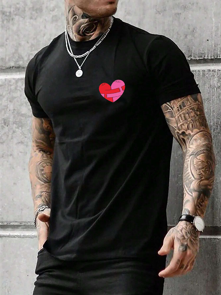 Camiseta masculina Cartoon Coração Padrão com gola redonda e manga curta